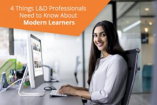 Modern learner sitting at desk with OpenSesame courses on desktop monitor